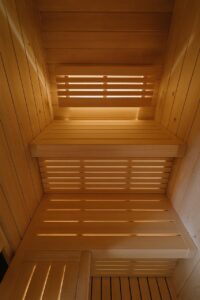 Multi-level wooden seating, sauna installation Johannesburg.