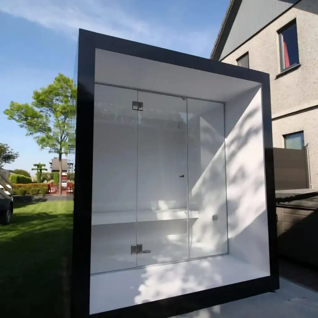Large outdoor sauna cube unit in Johannesburg.