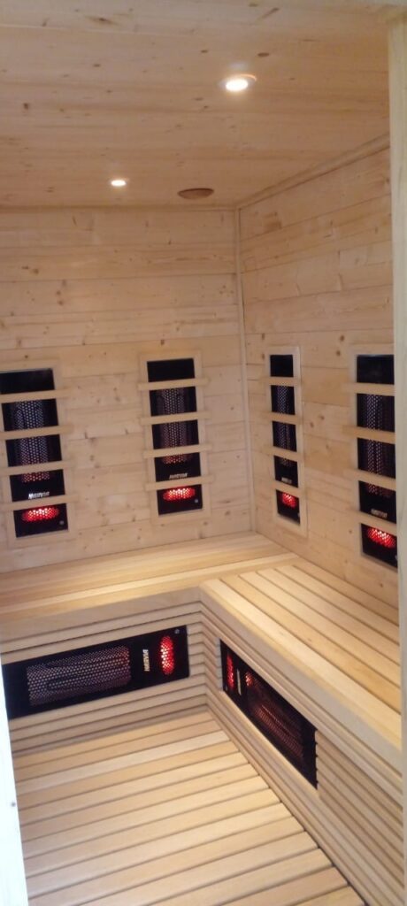 Wooden benches inside a sauna room in Johannesburg.