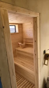 Wooden door entry frame, sauna installation Johannesburg.
