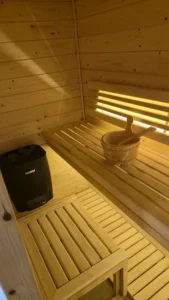 Lower bench details close-up, sauna installation Johannesburg.