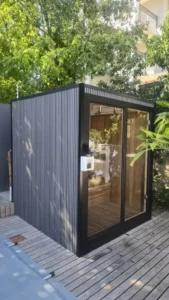 Modern outdoor black cabin unit, sauna installation Johannesburg.
