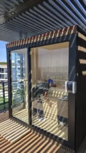 Frameless glass corner unit, sauna installation Johannesburg.