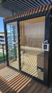 Multi-level wooden seating, sauna installation