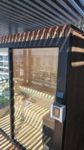 Outdoor deck wooden frame, sauna installation