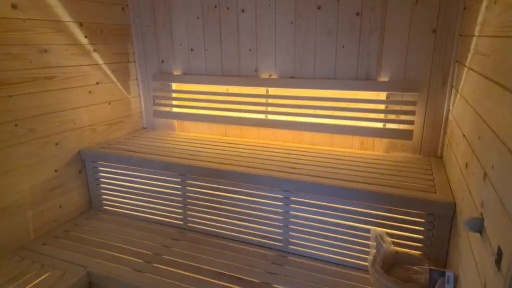 Modern illuminated indoor sauna benches, Johannesburg.