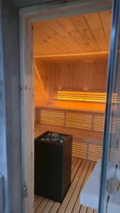 Modern back-lit seating for sauna installation Johannesburg.