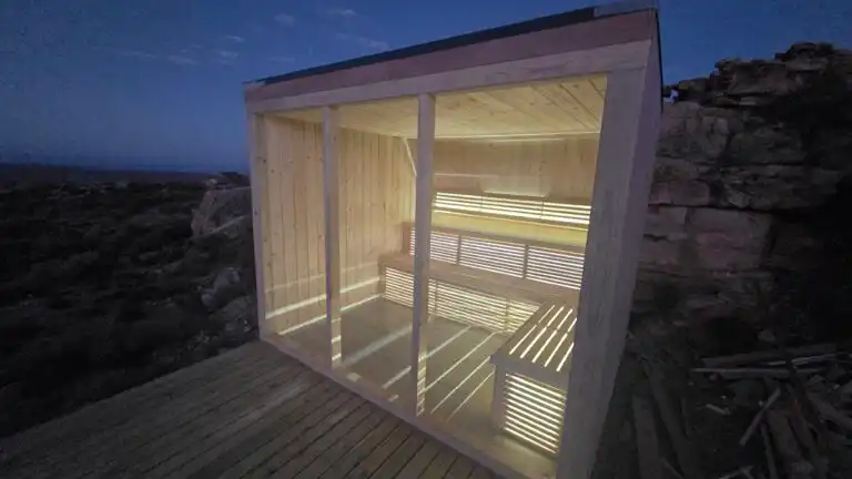 Outdoor glass sauna setup by builders in Johannesburg.