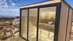 Glass front outdoor sauna setup, sauna installation Johannesburg.