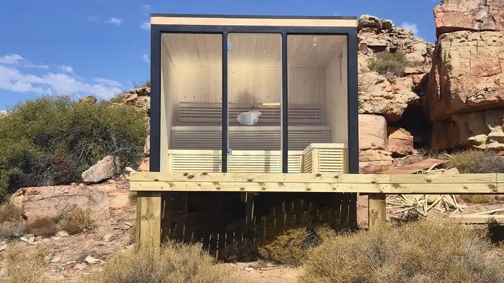 Luxury cabin built on rocky terrain, sauna installation Johannesburg.