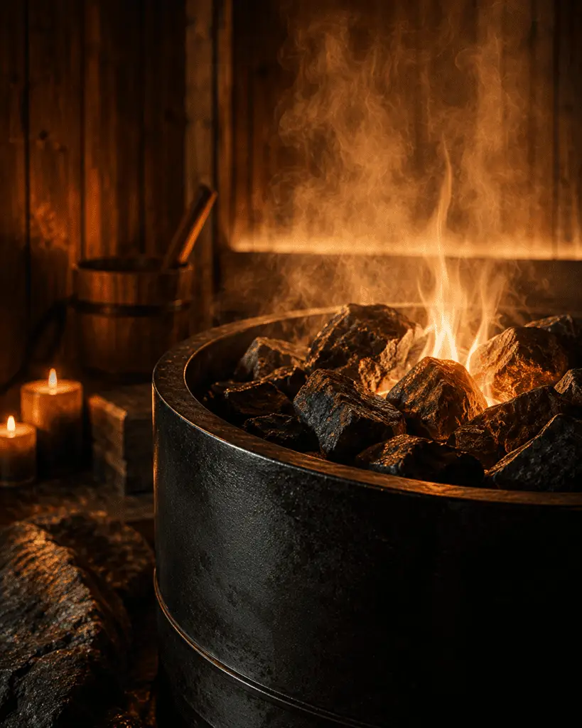 Burning coals close-up, sauna installation Johannesburg.