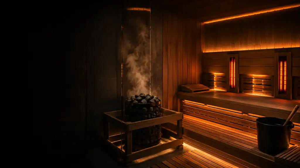 Premium dark lit custom sauna room in Johannesburg.