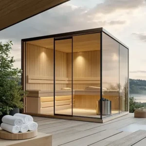Modern backyard glass cabin, sauna company South Africa.