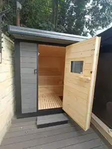 Outdoor deck wooden frame, sauna installation Johannesburg.