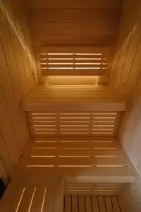 Multi-level wooden seating, sauna installation Johannesburg.