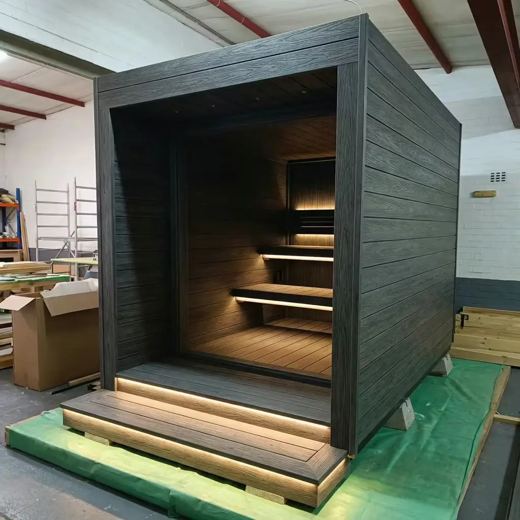 Dark exterior cube unit for sauna installation Johannesburg.
